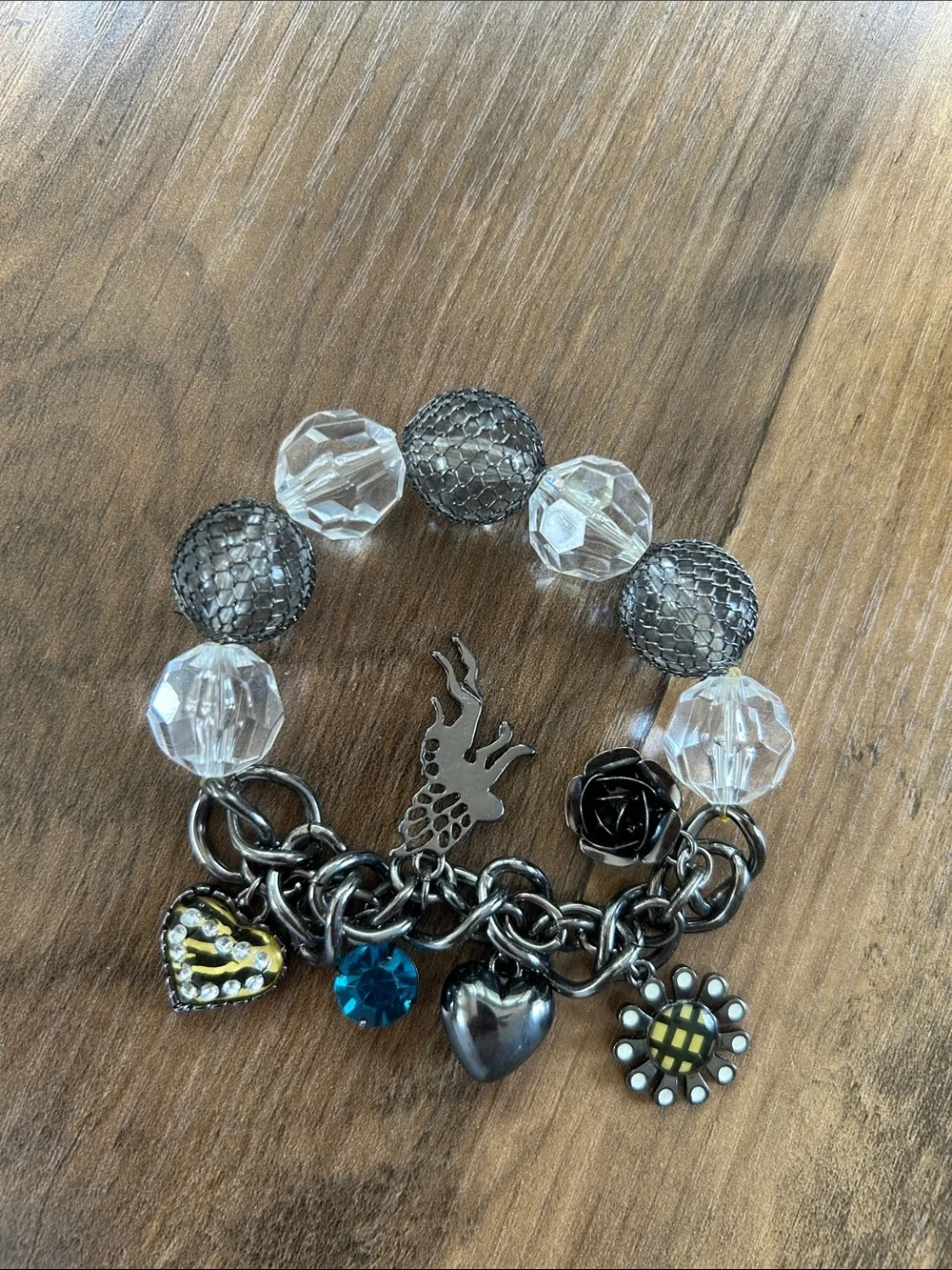 Silver Charm Stretch Bracelet with Clear Beads and Multiple Charms